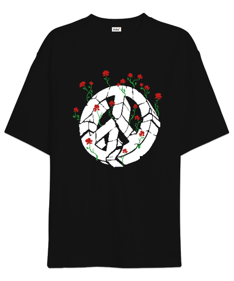 Tisho - Barış ve Güller - Peace And Roses Siyah Oversize Unisex Tişört