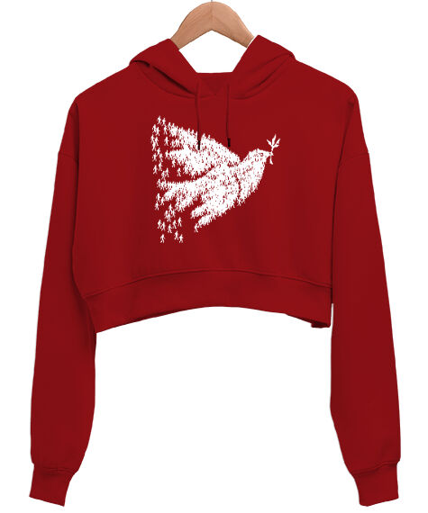 Tisho - Barış ve Güvercin - İnsanlar Kırmızı Kadın Crop Hoodie Kapüşonlu Sweatshirt