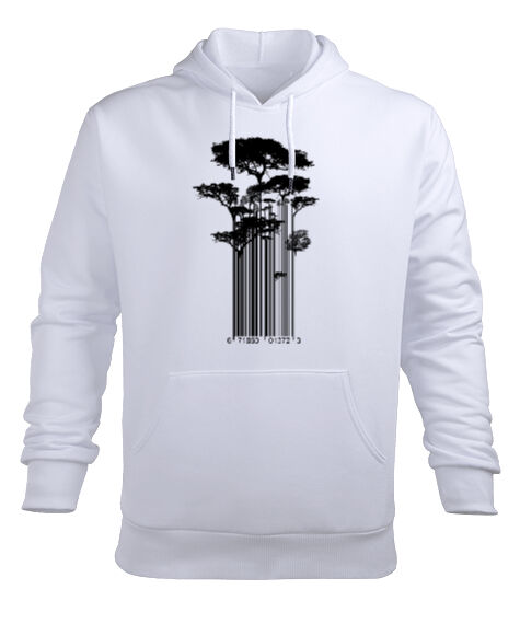 Tisho - Barkod Ağaç - Barcode Trees illustration Beyaz Erkek Kapüşonlu Hoodie Sweatshirt