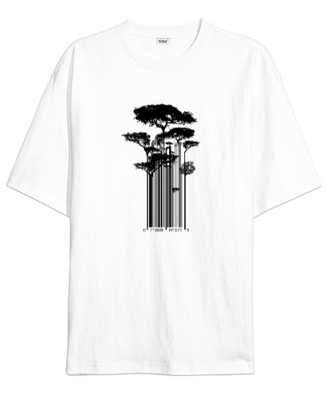 Tisho - Barkod Ağaç - Barcode Trees illustration Beyaz Oversize Unisex Tişört