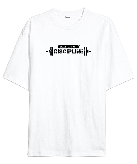 Tisho - Başarı Disiplinle Başlar - GYM - Halter Beyaz Oversize Unisex Tişört