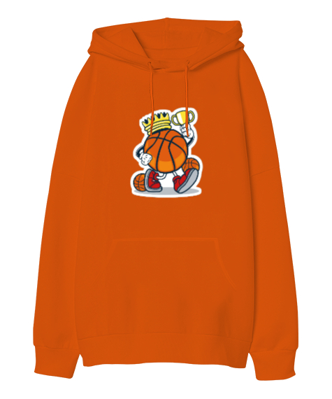 Tisho - Basket kralı baskılı Turuncu Oversize Unisex Kapüşonlu Sweatshirt