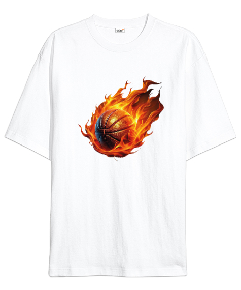 Tisho - Basketbol topu alev efektli desen tasarımı baskılı Beyaz Oversize Unisex Tişört