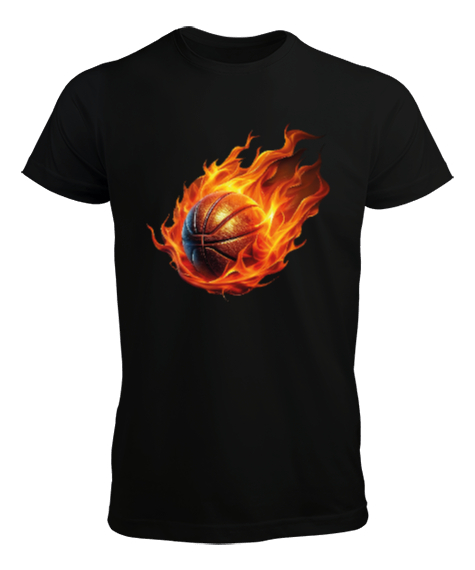 Tisho - Basketbol topu alev efektli desen tasarımı baskılı Siyah Erkek Tişört