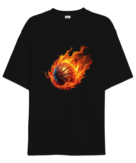 Tisho - Basketbol topu alev efektli desen tasarımı baskılı Siyah Oversize Unisex Tişört