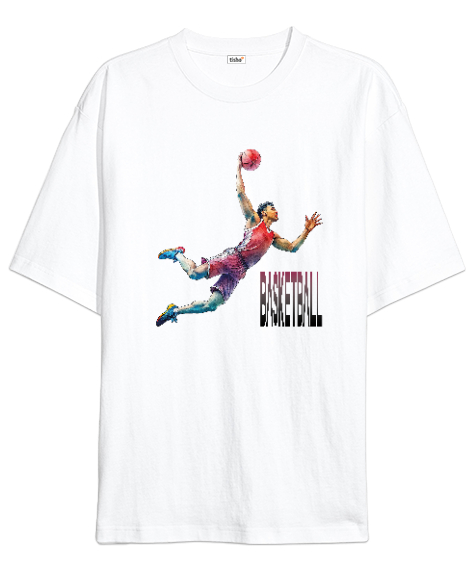 Tisho - Basketbolcu smaç basıyor desen tasarımı baskılı Beyaz Oversize Unisex Tişört