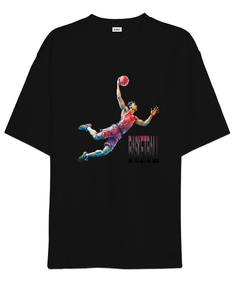 Tisho - Basketbolcu smaç basıyor desen tasarımı baskılı Siyah Oversize Unisex Tişört