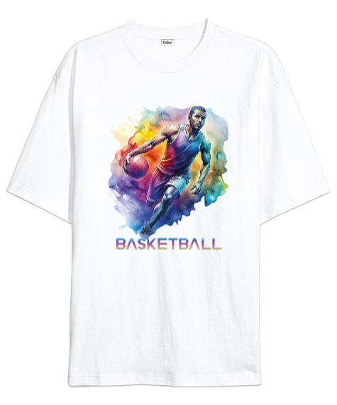 Tisho - Basketbolcu topla ilerliyor desen tasarımı baskıl Beyaz Oversize Unisex Tişört