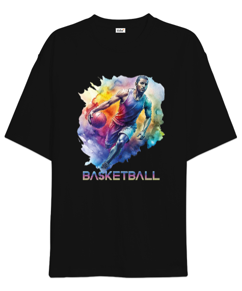 Tisho - Basketbolcu topla ilerliyor desen tasarımı baskılı Siyah Oversize Unisex Tişört