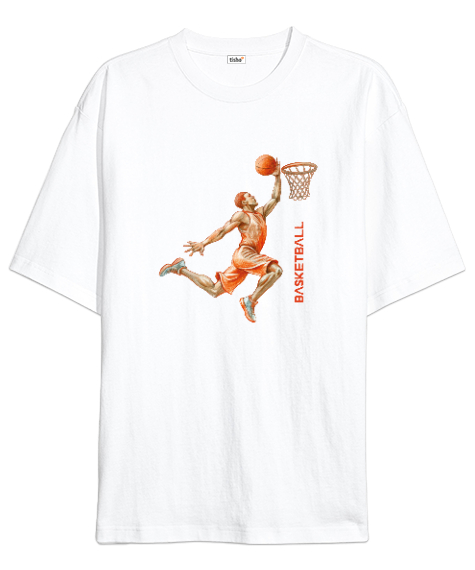 Tisho - Basketbolcu turnike sayı atıyor desen tasarımı baskılı Beyaz Oversize Unisex Tişört