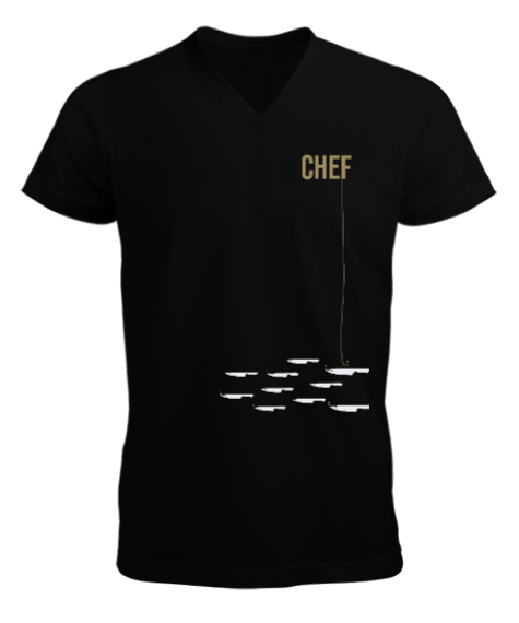 Tisho - Baskılı Chef Aşçı Siyah Erkek Kısa Kol V Yaka Tişört