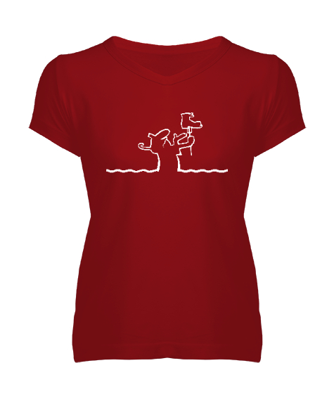 Tisho - Bay Meraklı - La Linea V2 Kırmızı Kadın V Yaka Tişört