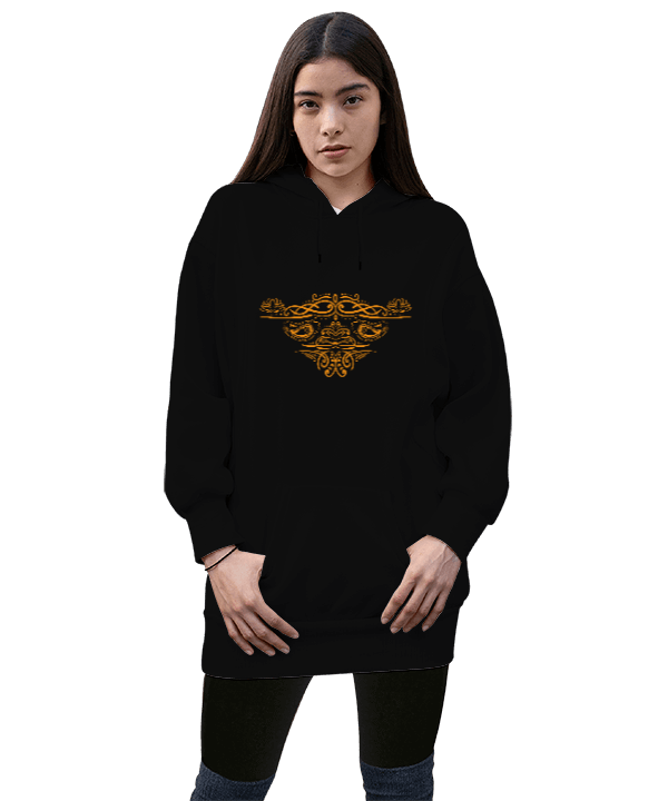 Tisho - Bayan Kapüşonlu Sweatshirt Siyah, Kabile Şefi figürlü Kadın Uzun Hoodie Kapüşonlu Sweatshirt