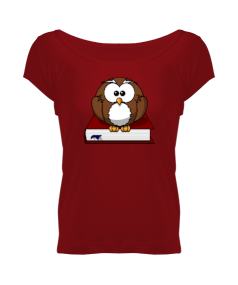 Baykuş 10 Kırmızı Kadın Geniş Yaka Tişört - Thumbnail