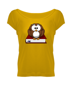 Baykuş 10 Sarı Kadın Geniş Yaka Tişört - Thumbnail