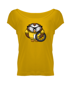 Baykuş 9 Sarı Kadın Geniş Yaka Tişört - Thumbnail