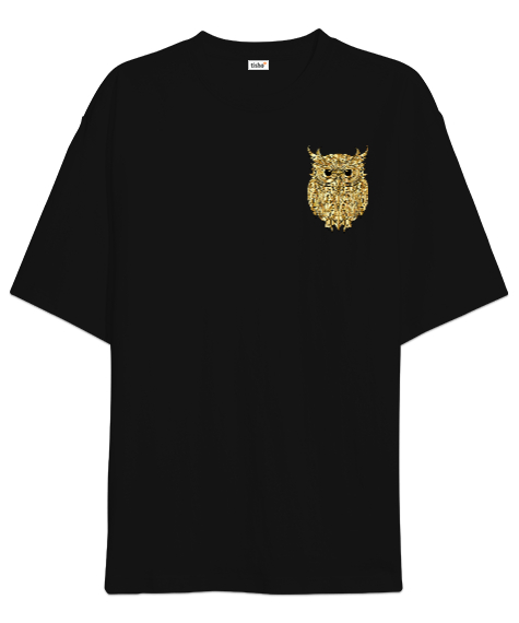 Tisho - Baykuş tasarım Siyah Oversize Unisex Tişört