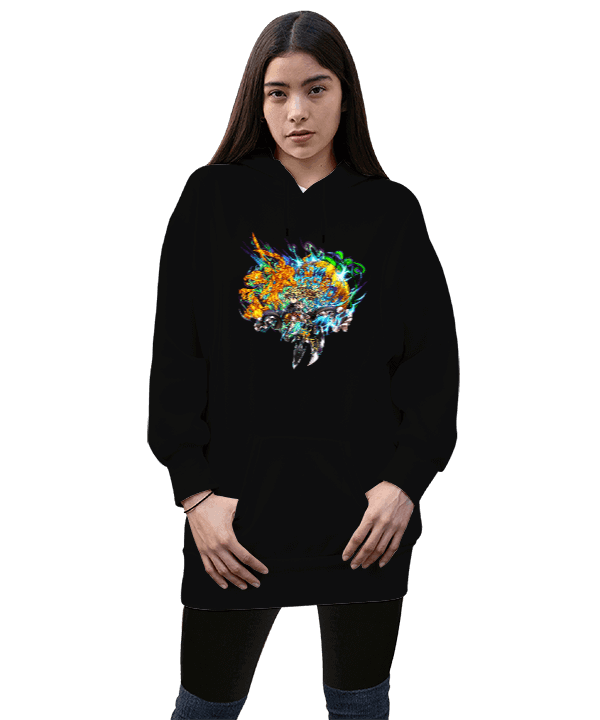 Tisho - BB002- Brave FrontierTasarım Kadın Uzun Hoodie Kapüşonlu Sweatshirt