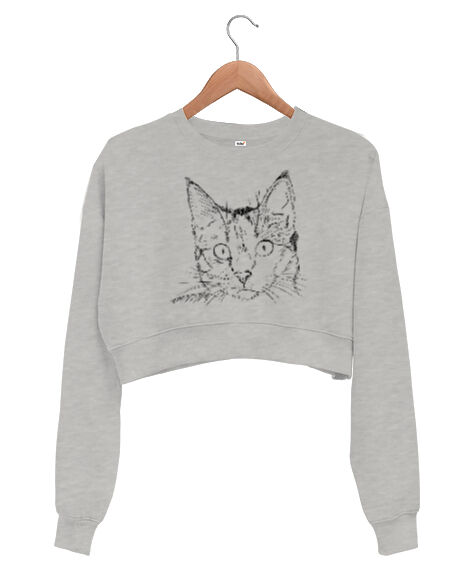 Tisho - BB017 - Cat Face Gri Kadın Crop Sweatshirt