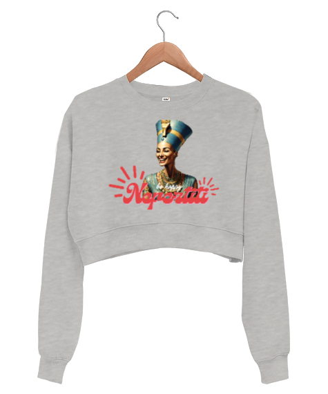 Tisho - Be Happy Nefertiti Gri Kadın Crop Sweatshirt