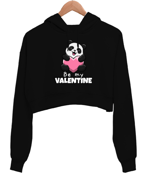 Tisho - Be My Valentine Baskılı Sevgililer Günü 14 Şubat Tasarımı Siyah Kadın Crop Hoodie Kapüşonlu Sweatshirt