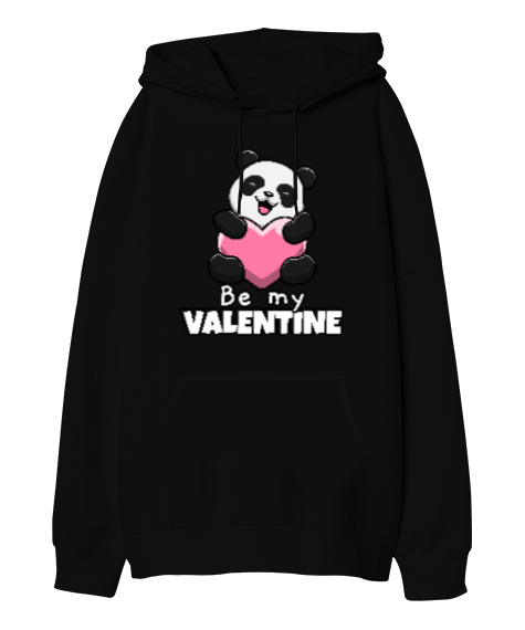 Tisho - Be My Valentine Baskılı Sevgililer Günü 14 Şubat Tasarımı Siyah Oversize Unisex Kapüşonlu Sweatshirt