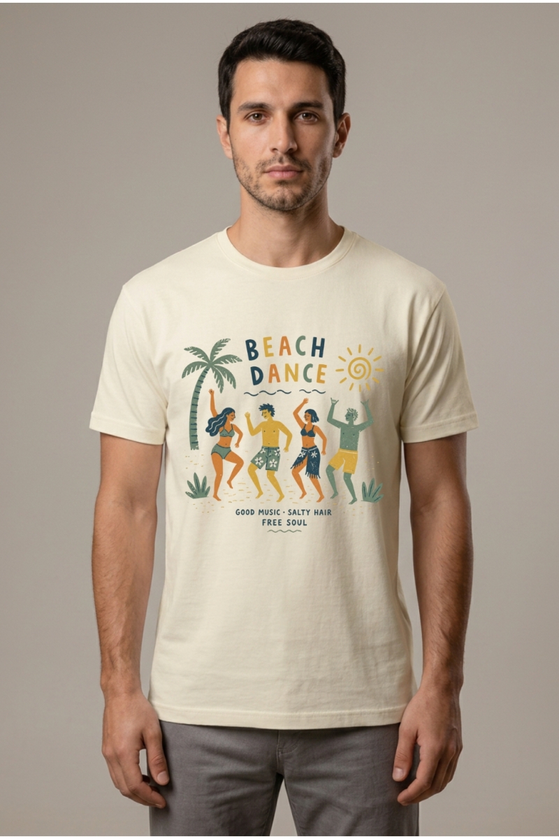 Beach Dance Baskılı Erkek Bisiklet Yaka Tişört Krem %100 Pamuk - Tisho