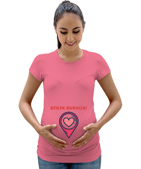 Tisho - Bebek Burada Yazılı Eğlenceli Tasarım Pembe Kadın Hamile Tişört