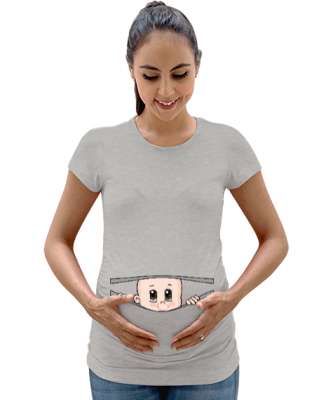 Bebek Geliyorum Baskılı Gri Kadın Hamile Tişört - Tisho