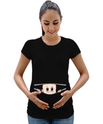 Bebek Geliyorum Baskılı Siyah Kadın Hamile Tişört - Tisho