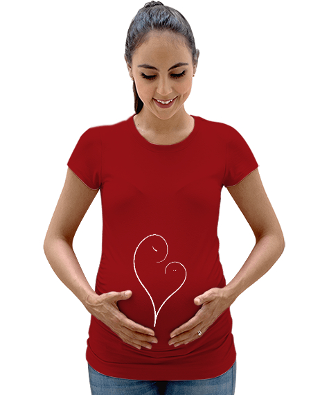 Tisho - Bebek ve Anne Sevgisi - Kalp Kırmızı Kadın Hamile Tişört