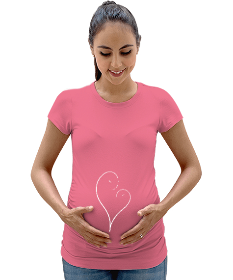 Tisho - Bebek ve Anne Sevgisi - Kalp Pembe Kadın Hamile Tişört