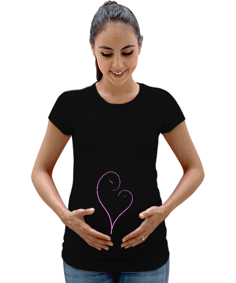 Tisho - Bebek ve Anne Sevgisi - Kalp Siyah Kadın Hamile Tişört