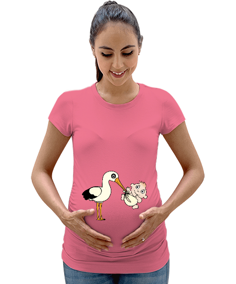 Tisho - Bebekli Leylek Pembe Kadın Hamile Tişört