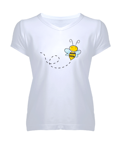 Tisho - Bee - Arı Vız Vız Beyaz Kadın V Yaka Tişört