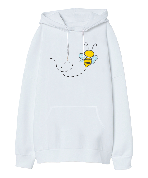 Tisho - Bee - Arı Vız Vız Beyaz Oversize Unisex Kapüşonlu Sweatshirt
