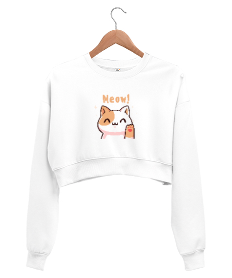 Tisho - Beige Illustrated Cat T Beyaz Kadın Crop Sweatshirt