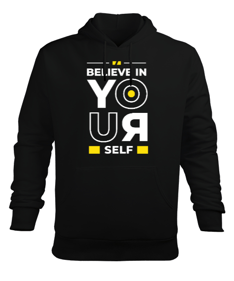 Tisho - Believe In Yourself Tasarım Baskılı Siyah Erkek Kapüşonlu Hoodie Sweatshirt