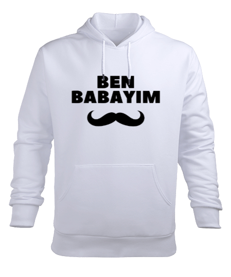 Tisho - Ben Babayım Bıyıklı Komik Babalar Gününe Özel Beyaz Erkek Kapüşonlu Hoodie Sweatshirt