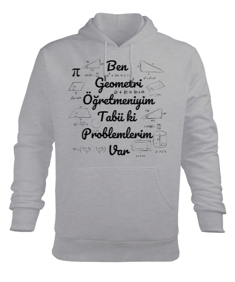 Tisho - Ben Geometri Öğretmeniyim Tabii ki Problemlerim Var Gri Erkek Kapüşonlu Hoodie Sweatshirt