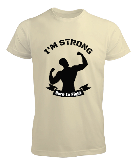 Tisho - Ben Güçlüyüm Savaşmak İçin Doğdum Fitness Motivasyon Krem Erkek Tişört
