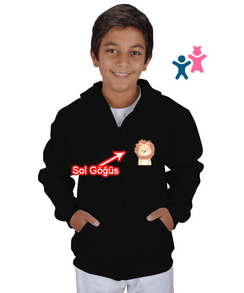 Tisho - ben sevimli aslanım Siyah Çocuk Kapüşonlu Hoodie Fermuarlı