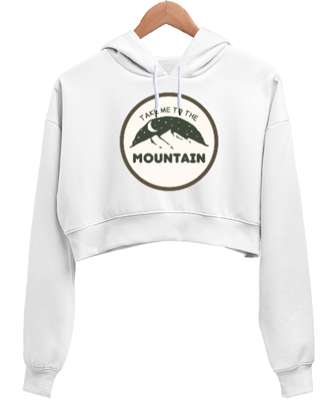 Tisho - Beni Dağlara Götür Kampçılık ve Dağcılık Özel Tasarım Beyaz Kadın Crop Hoodie Kapüşonlu Sweatshirt
