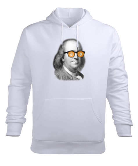 Tisho - Benjamin Bitcoin Franklin v1H Beyaz Erkek Kapüşonlu Hoodie Sweatshirt