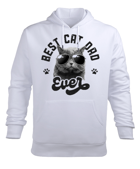 Tisho - Best Cat Dad Ever Babalar Günü Tasarımı Beyaz Erkek Kapüşonlu Hoodie Sweatshirt