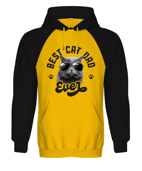 Tisho - Best Cat Dad Ever Babalar Günü Tasarımı Sarı/Siyah Orjinal Reglan Hoodie Unisex Sweatshirt