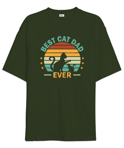 Tisho - Best Cat Dad Ever V2 Haki Yeşili Oversize Unisex Tişört