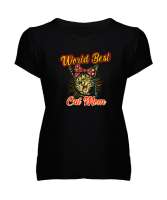 Best Cat Mom - En İyi Kedi Anne Siyah Kadın V Yaka Tişört - Tisho