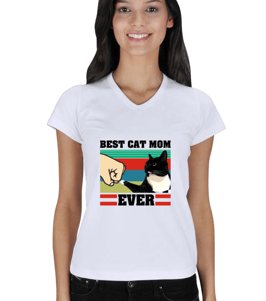 Tisho - Best Cat Mom Ever Beyaz Kadın V Yaka