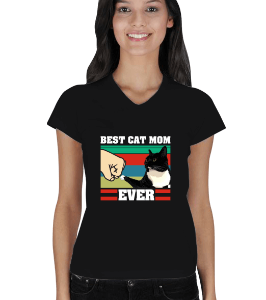 Tisho - Best Cat Mom Ever Kadın V Yaka